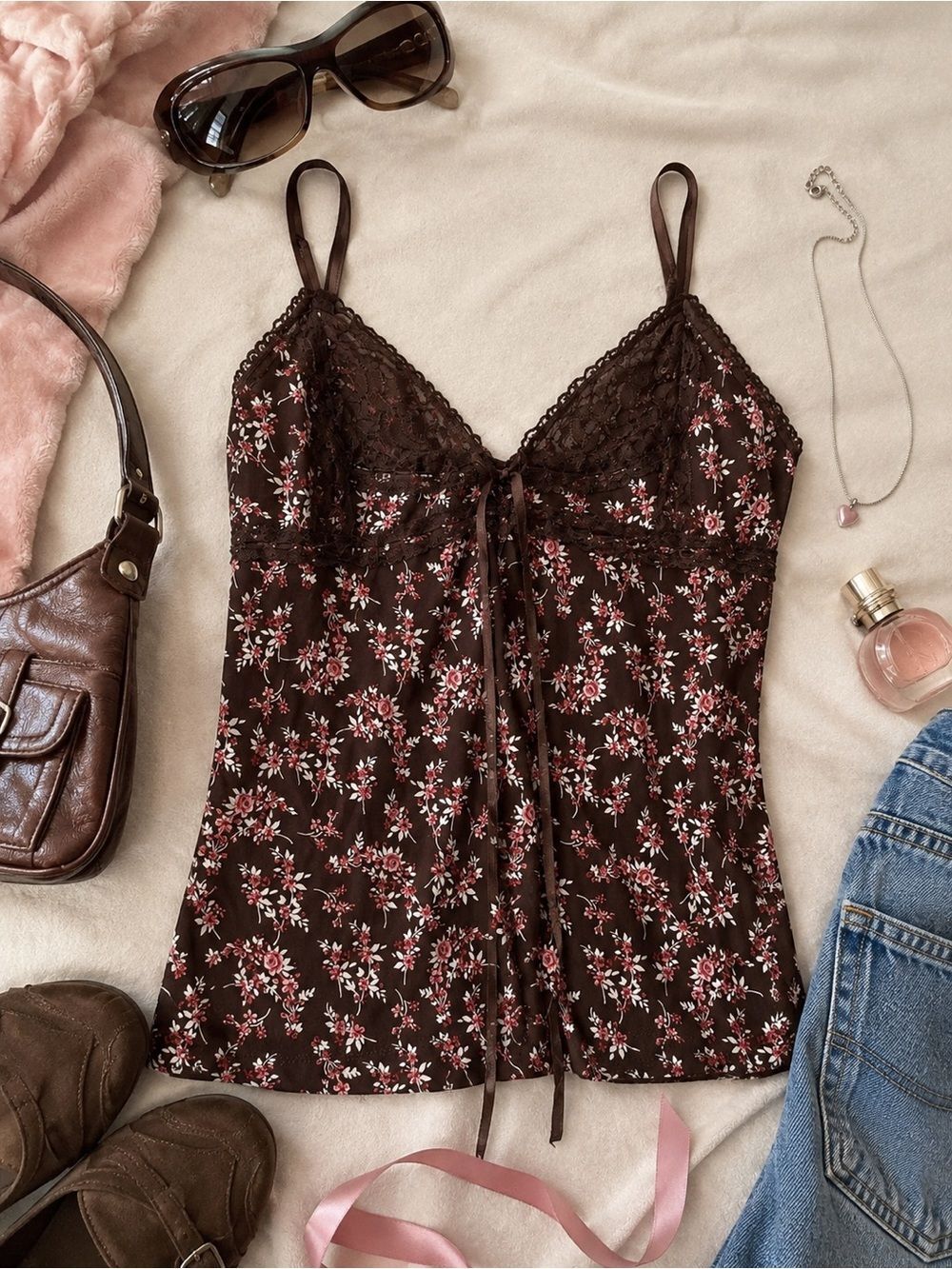 No Boundaries Y2K Floral Lace Cami Tank Top Juniors Large